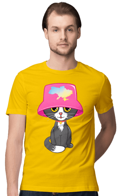 Футболка чоловіча з принтом "Котик з картою україни". Євробачення, калош, кіт, котик, музика, панама калоша, символ україни, україна. 2070702