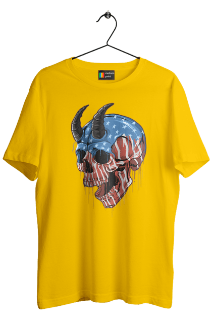 Men's t-shirt with prints Skull with horns. America, bones, dye, flag, horns, scull, states, teeth, usa. 2070702