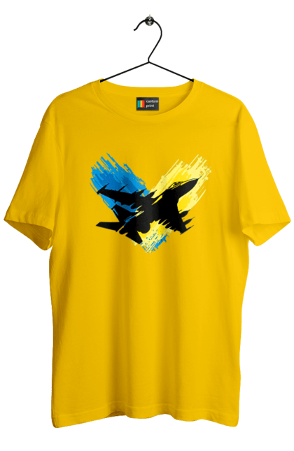 Футболка чоловіча з принтом "Літак F 16". З прапором, зсу, літак, літак f16, патріотична, прапор, ф16. 2070702