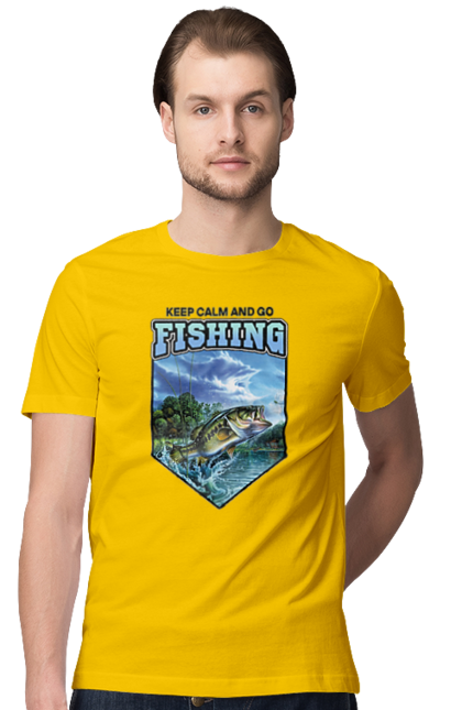 Футболка чоловіча з принтом "Keep Calm and Go Fishing". Відпочинок на природі, для рибалок, для чоловіків, мисливці та риболови, природа, рибалка, риболовля, спінінг, хоббі. 2070702