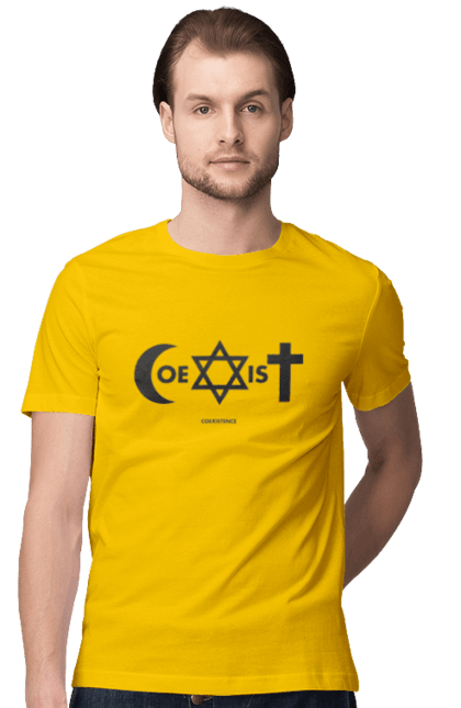 Футболка чоловіча з принтом "Coexist". Coexist, іслам, іудаїзм, міжрелігійний діалог, релігія, рівність, символи віри, толерантність, християнство. 2070702