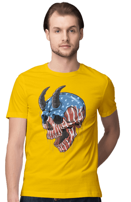 Men's t-shirt with prints Skull with horns. America, bones, dye, flag, horns, scull, states, teeth, usa. 2070702