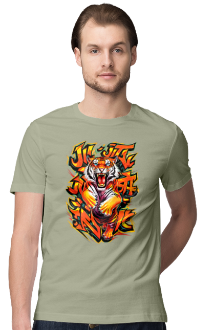 Men's t-shirt with prints Jujutsu. Animal, japan, jiu jitsu, jujutsu, martial arts, ninja, samurai, sport, tiger. 2070702