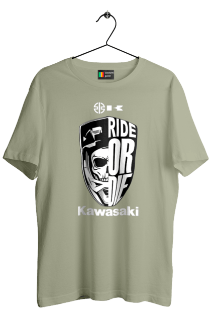 Футболка мужская с принтом Kawasaki. Kawasaki, ride or die, бренд, мотоцикл, спорт, череп. 2070702