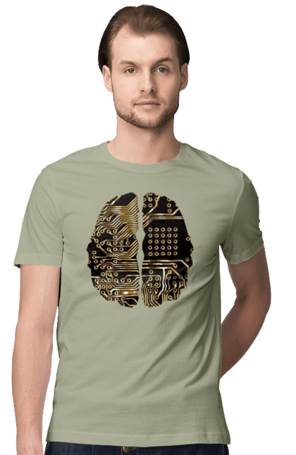 Футболка чоловіча з принтом "Мозок Айті". Айті, айтішник, гик, знання, золотий, золото, інженер, кібер, кібернетика, кіборг, код, комп, кристал, мікросхема, мозок, програміст, професіонал, професія, розробник, розум, чіп. 2070702