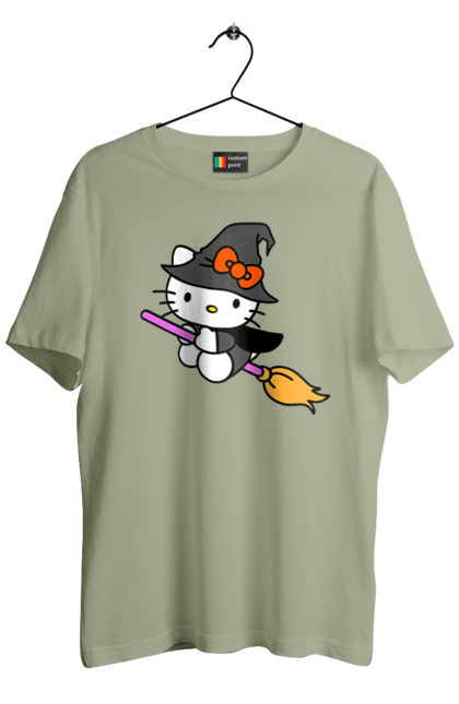 Футболка мужская с принтом Хелло Китти Хэллоуин. Halloween, hello kitty, witch, бренд, ведьма, кот, котенок, персонаж, хелло китти, хэллоуин. 2070702