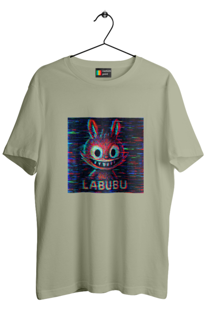 Men`s t-shirt with prints Labubu. Co-creation, crt, cyberpunk, digital mystery, glitch, labubu, noise, pixels, retro, rgb. 2070702