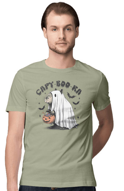 Men's t-shirt with prints Capybara Halloween. Animal, capybara, ghost, halloween, holiday, moon, pumpkin, rodent. 2070702