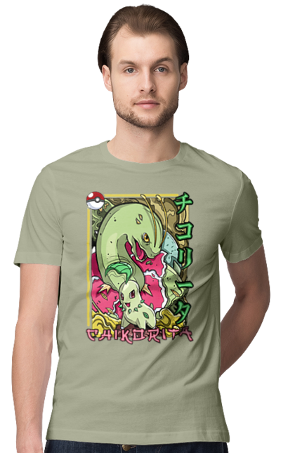 Men's t-shirt with prints Pokemon Chikorita. Anime, chikorita, games, nintendo, pokemon, pokemon go. 2070702