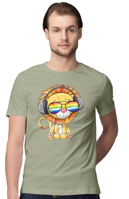 Футболка чоловіча з принтом "Левеня В Окулярах І Навушниках". Лев, левеня, навушники, окуляри. 2070702