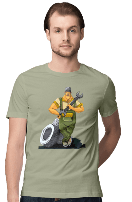 Футболка чоловіча з принтом "Автомайстер". Гайковий ключ, колеса, професія. 2070702