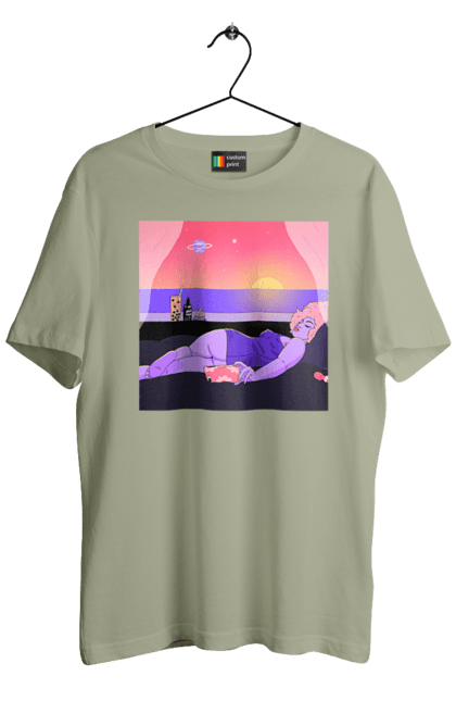 Футболка чоловіча з принтом "Фіолетова Дівчина На Відпочинку". Дівчина, захід, телефон. 2070702