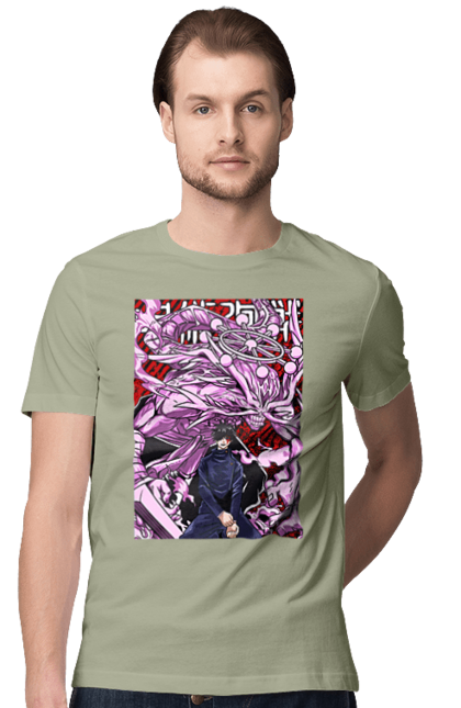 Men's t-shirt with prints Jujutsu Kaisen Megumi. Anime, dark fantasy, fushiguro, fushiguro megumi, jujutsu kaisen, magic battle, manga, megumi, mystic. 2070702