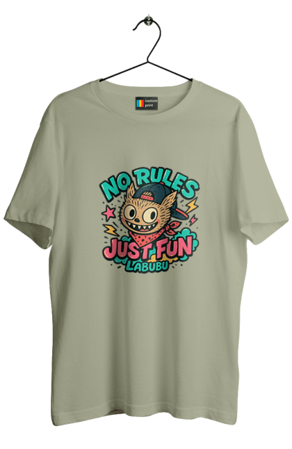 Men`s t-shirt with prints Labubu. Bandana, bright, graphite, grayliviy, labubu, norulesjustfun, retrocartoon, street style, y2k, zukhvaliy. 2070702