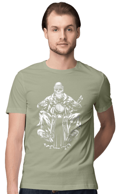Футболка чоловіча з принтом "Череп на мотоциклі". Байкер, мотоцикл, скелет, череп. 2070702