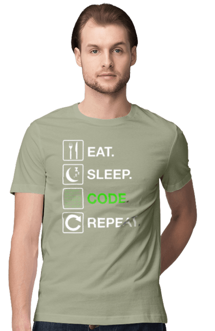 Футболка чоловіча з принтом "Їж Cпи Кодуй Повторюй". Айті, айтішник, для айтішника, для програміста, їж спи, кодуй повторюй, подарунок айтішнику, подарунок програмісту, програміст, розробник. 2070702