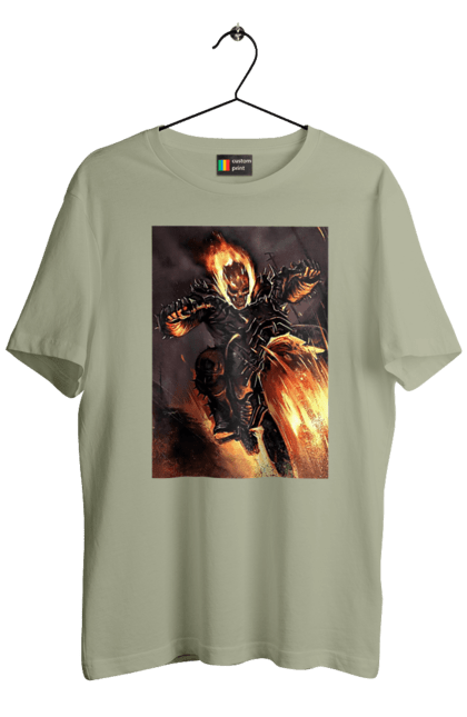 Футболка чоловіча з принтом "Пекельний Гонщик". Вогонь, мотоцикл, пекельний гонщик, скелет, чоппер. 2070702