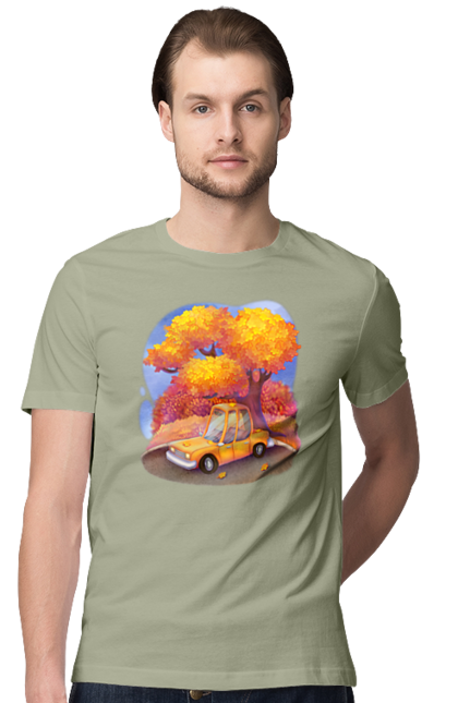 Футболка чоловіча з принтом "Осiнь Авто Дерево". Дерево, жовтий мила ілюстрація, машина, осінь, помаранчевий. 2070702