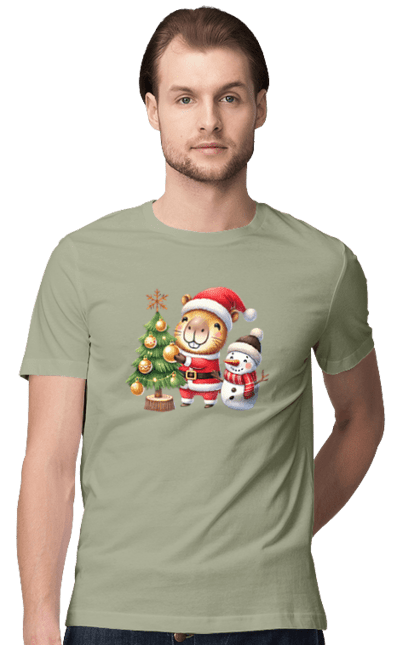 Men's t-shirt with prints Christmas Capybara with a Tree. Animal, capybara, christmas, christmas capybara, christmas tree, gift, holiday, new year, new year`s gift, santa. 2070702