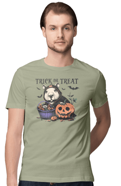 Men's t-shirt with prints Capybara Halloween. Animal, capybara, halloween, holiday, moon, pumpkin, rodent. 2070702