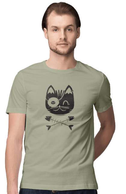Men`s t-shirt with prints Pirate cat. Animals, bones, cat, cool drawing, cute pictures, fish, pirates, skull. 2070702