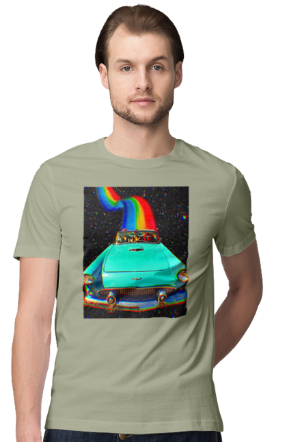 Футболка чоловіча з принтом "Картина, машина у космосі". Веселка, картина, космос, машина, подорожі, поїздка, прикол, ретро. 2070702