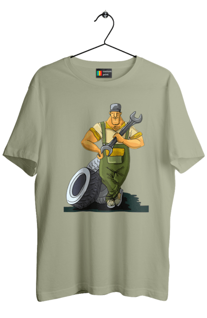 Футболка чоловіча з принтом "Автомайстер". Гайковий ключ, колеса, професія. 2070702