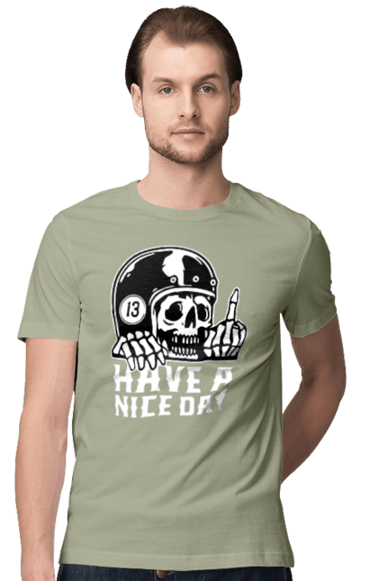 Men`s t-shirt with prints Have a nice day. Fak, have a, nice day, scull, thirteen, with a skull. 2070702