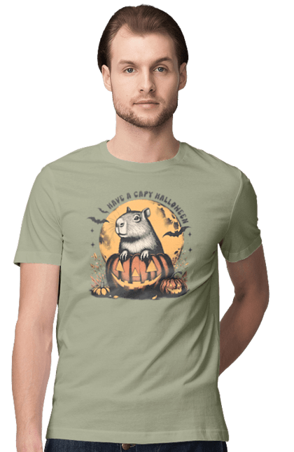 Men's t-shirt with prints Capybara Halloween. Animal, capybara, halloween, holiday, moon, pumpkin, rodent. 2070702