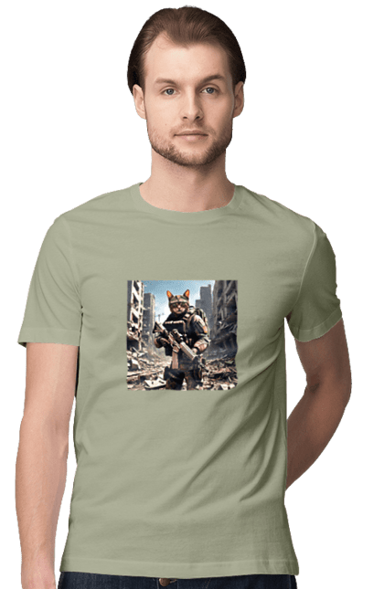 Футболка чоловіча з принтом "Кіт десантник". Бронежилет, війна, військовий, гвинтівка, захисник, камуфляж, кіт, рушниця. 2070702