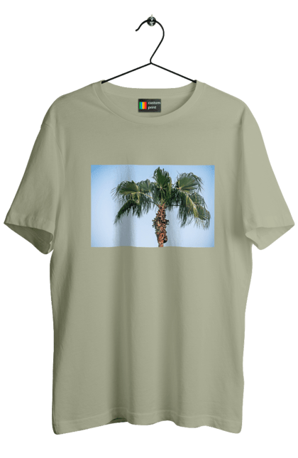 Футболка чоловіча з принтом "Пальма на тлі неба". Берег, блакитне, відпочинок, відпустку, єгипет, зелений, зелені, лист, листя, море, небо, оазис, океан, острів, пальма, південь, подорож, пригоди, тропіки, туреччина. 2070702