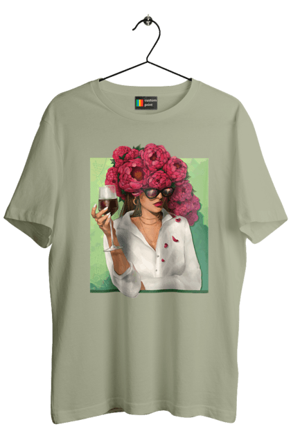 Футболка чоловіча з принтом "Дівчина з півоніями та келихом". Вино, дівчина, квітка, келих, літо, окуляри, півонії, сорочка. 2070702