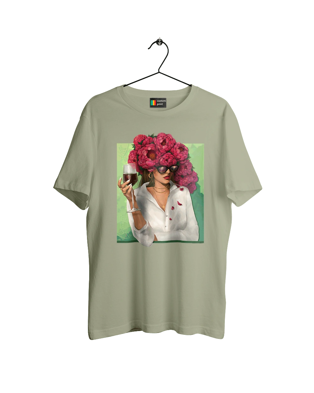 Girl with peonies and a glass