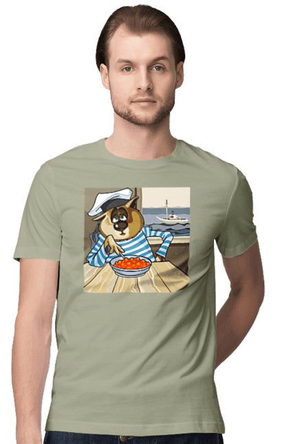 Футболка чоловіча з принтом "Кот Моряк, На Кораблі Їсть Червону Ікру". Ікра, кіт, корабель, моряк. 2070702