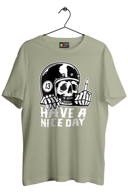 Men`s t-shirt with prints Have a nice day. Fak, have a, nice day, scull, thirteen, with a skull. 2070702