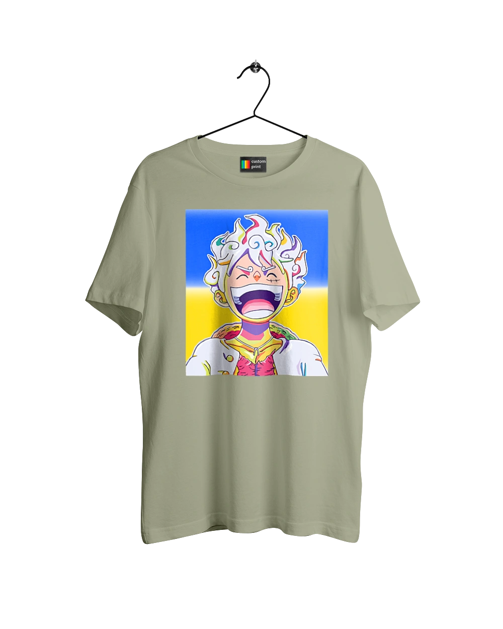 Monkey D Luffy laughing on a yellow blue background