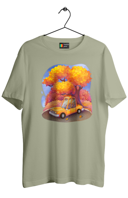 Футболка чоловіча з принтом "Осiнь Авто Дерево". Дерево, жовтий мила ілюстрація, машина, осінь, помаранчевий. 2070702