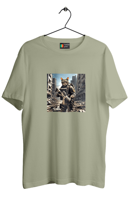 Футболка чоловіча з принтом "Кіт десантник". Бронежилет, війна, військовий, гвинтівка, захисник, камуфляж, кіт, рушниця. 2070702