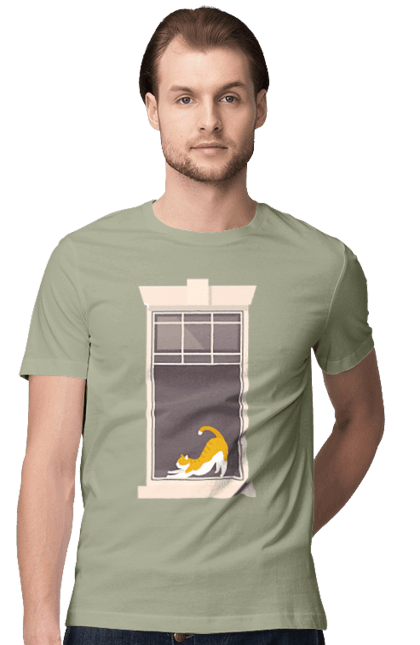 Футболка чоловіча з принтом "Кіт В Вікні". Вікно, кіт, потягушки, рудий. 2070702