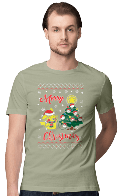Men`s t-shirt with prints Pikachu Merry Christmas. Anime, christmas, game, manga, merry christmas, nintendo, pikachu, pokemon. 2070702