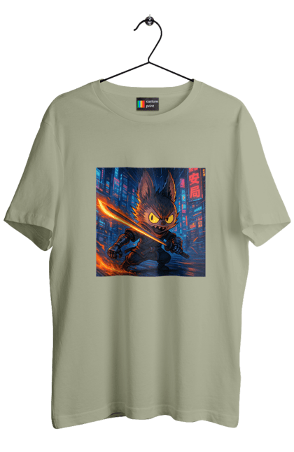 Men`s t-shirt with prints Labubu. Action, animestyle, cyberninja, cyberpunk, eyes that shine, katana, labubu, neon city, sword. 2070702