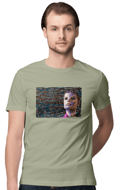 Футболка чоловіча з принтом "Штучний Розум". Айті, айтішник, гик, жінка, знання, інженер, інтелект, кібер, кібернетика, кіборг, код, комп, комп`ютерник, кристал, машинне навчання, мікросхема, мозок, портрет, програміст, професіонал, професія, розробник, розум, світиться, світло, хакер, чіп, штучний інтелект, штучний розум. 2070702