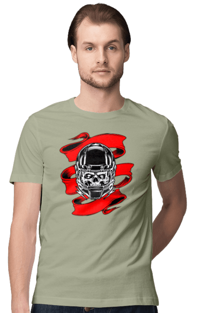 Футболка мужская с принтом Череп в мотошлеме. Лента, мото, череп, шлем. 2070702