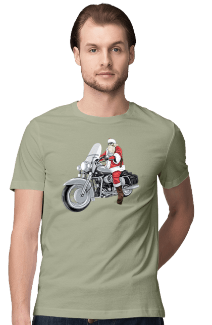 Футболка чоловіча з принтом "Санта На Мотоциклі". Мотоцикл, новий рік, санта, свято. 2070702