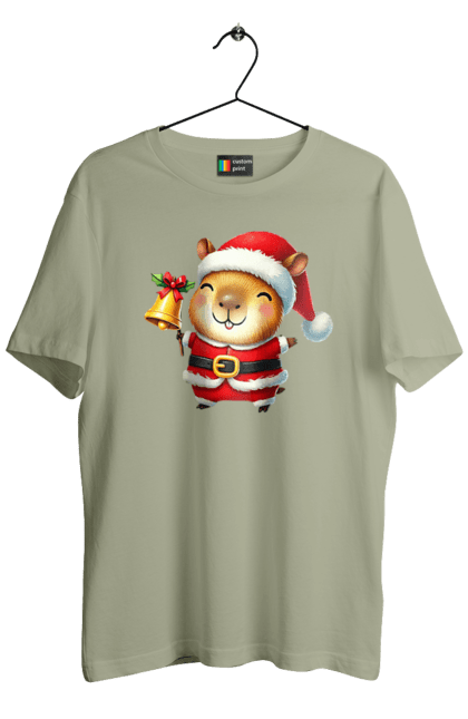 Men's t-shirt with prints Funny capybara with a bell. Animal, bell, capybara, christmas, christmas capybara, gift, holiday, new year, new year`s gift, santa. 2070702