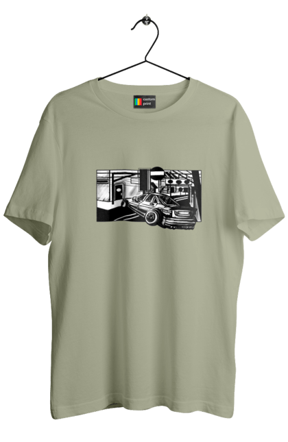 Men`s t-shirt with prints Dangerous Car on the roads of the streets. Black and white, car, dangerous, fast, machine, race. 2070702