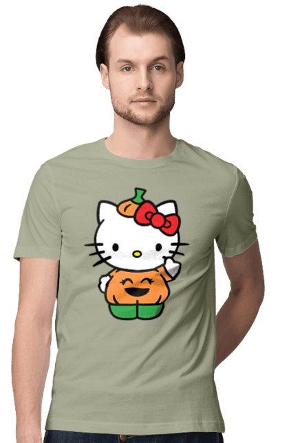 Футболка чоловіча з принтом "Хелло Кітті Хелловін". Halloween, hello kitty, бренд, гарбуз, кошеня, персонаж, хелло кітті, хелловін. 2070702