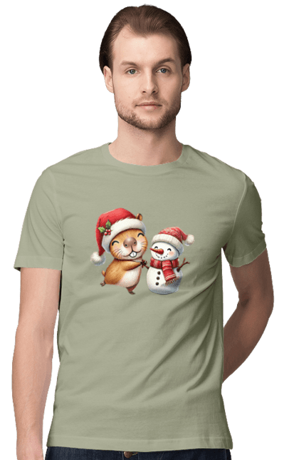 Men's t-shirt with prints Capybara and Snowman. Animal, capybara, christmas, christmas capybara, gift, holiday, new year, new year`s gift, santa, snowman. 2070702