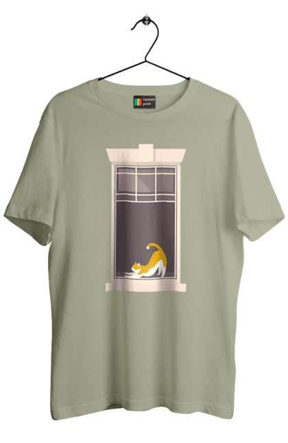 Футболка чоловіча з принтом "Кіт В Вікні". Вікно, кіт, потягушки, рудий. 2070702