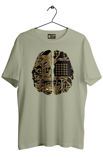 Футболка чоловіча з принтом "Мозок Айті". Айті, айтішник, гик, знання, золотий, золото, інженер, кібер, кібернетика, кіборг, код, комп, кристал, мікросхема, мозок, програміст, професіонал, професія, розробник, розум, чіп. 2070702